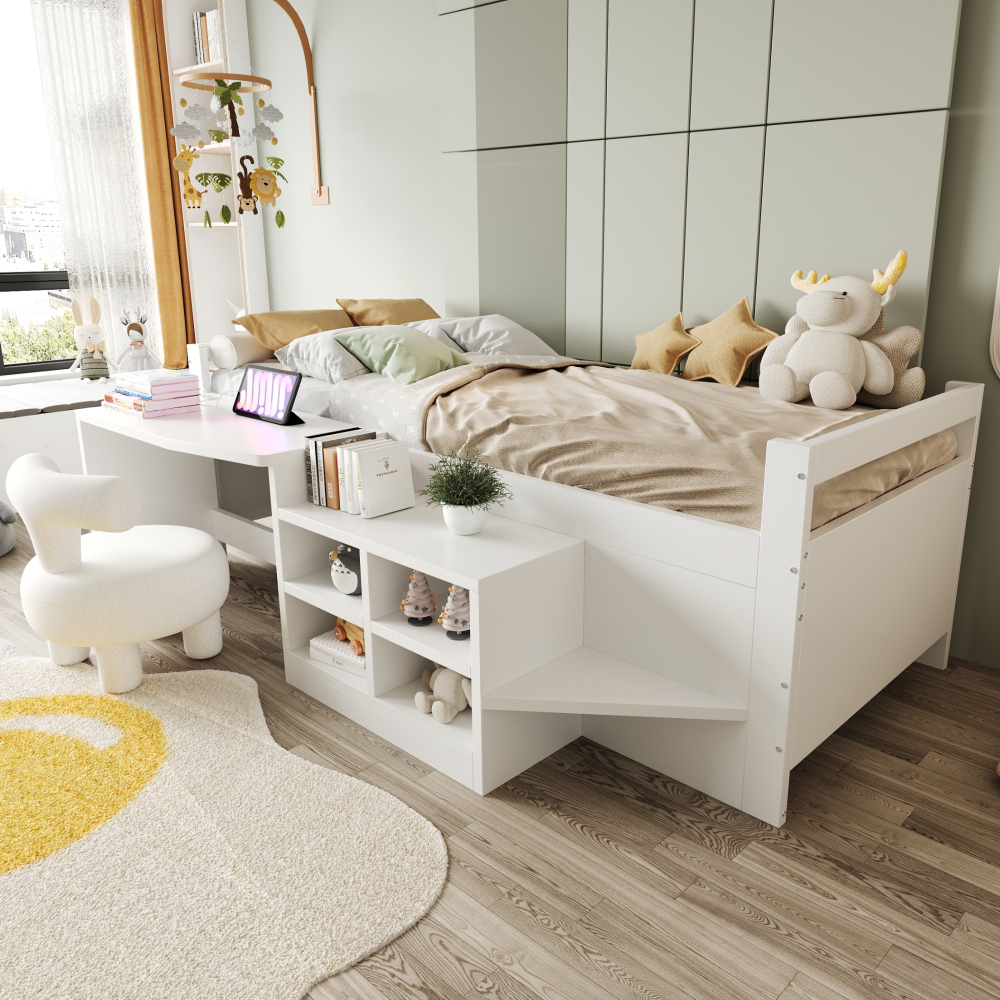 Cama individual 90x200cm con escritorio y almacenaje madera – color blanco