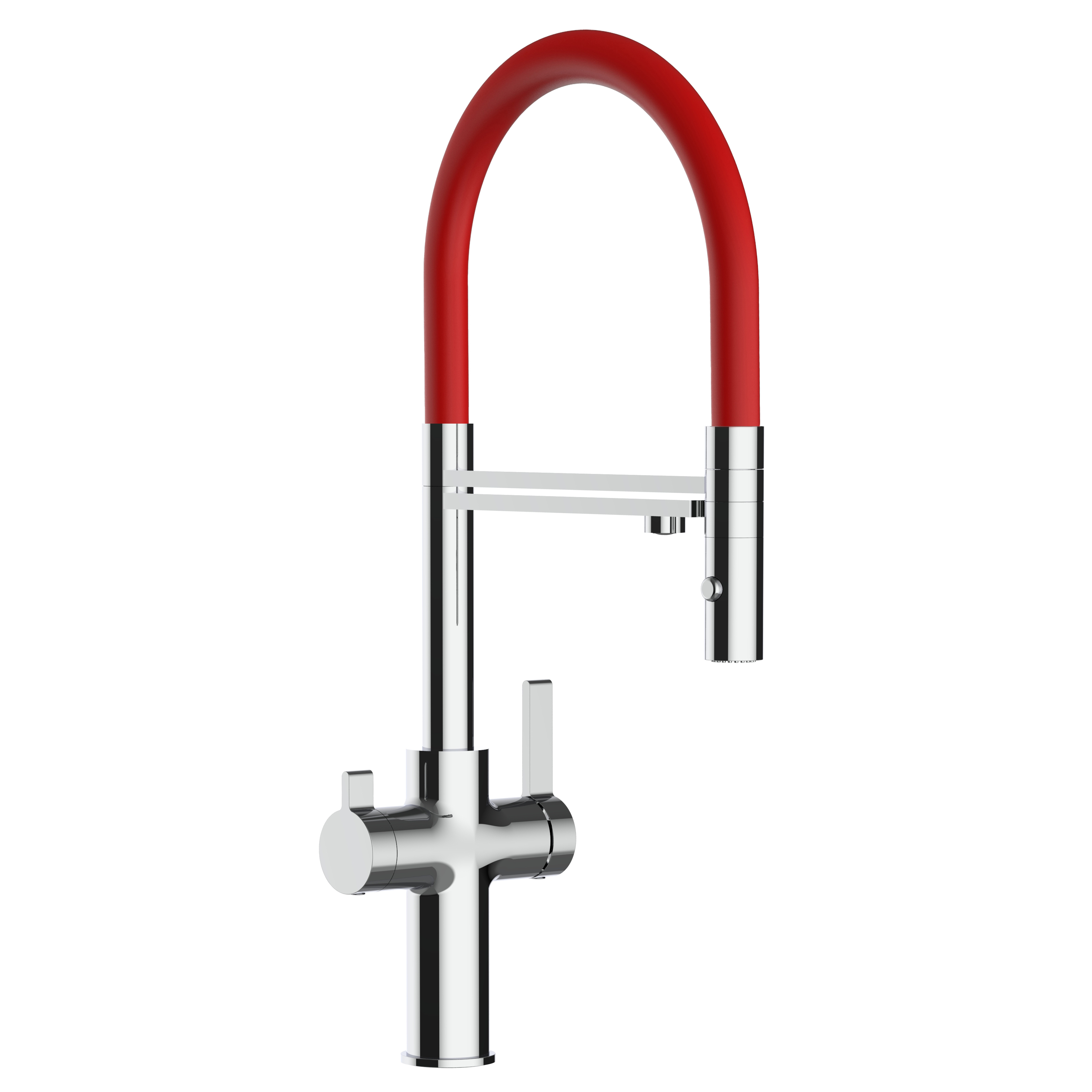 Grifo de cocina 4 vías cromado caño giratorio rojo ducha 2chorros, FC