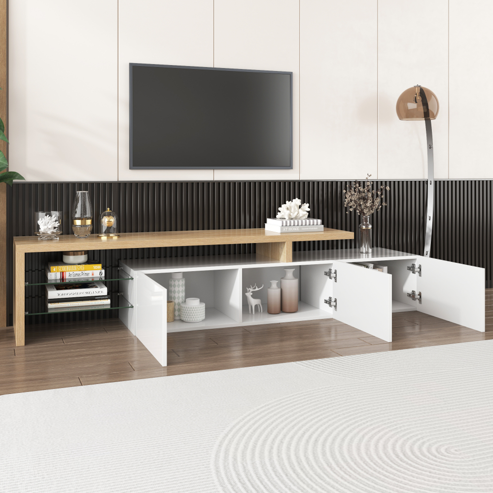 Mueble de tv con LED mdf y vidrio natural y blanco 42x197,5x39cm