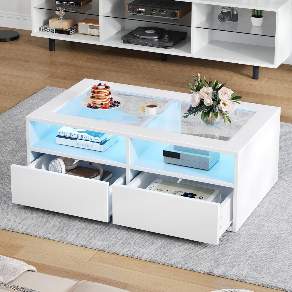 Mesa de centro con LED vidrio blanco 35x100x50cm
