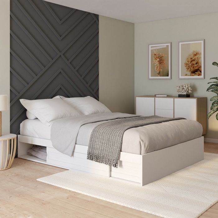 Estructura de cama blanca con almacenaje - 140 x 190 cm