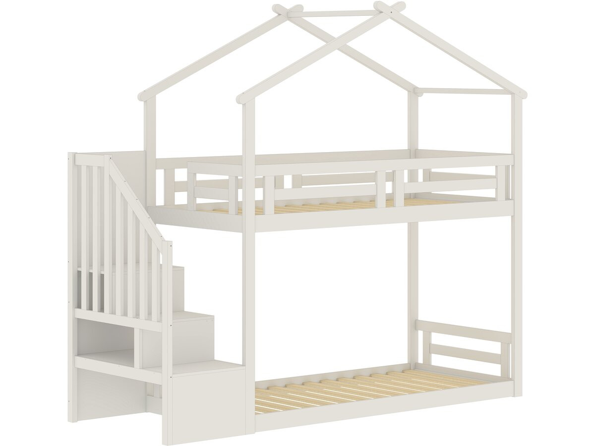 Cama alta tipo cabaña con escalera de madera <<oriana>> - 90 x 190 cm - bei