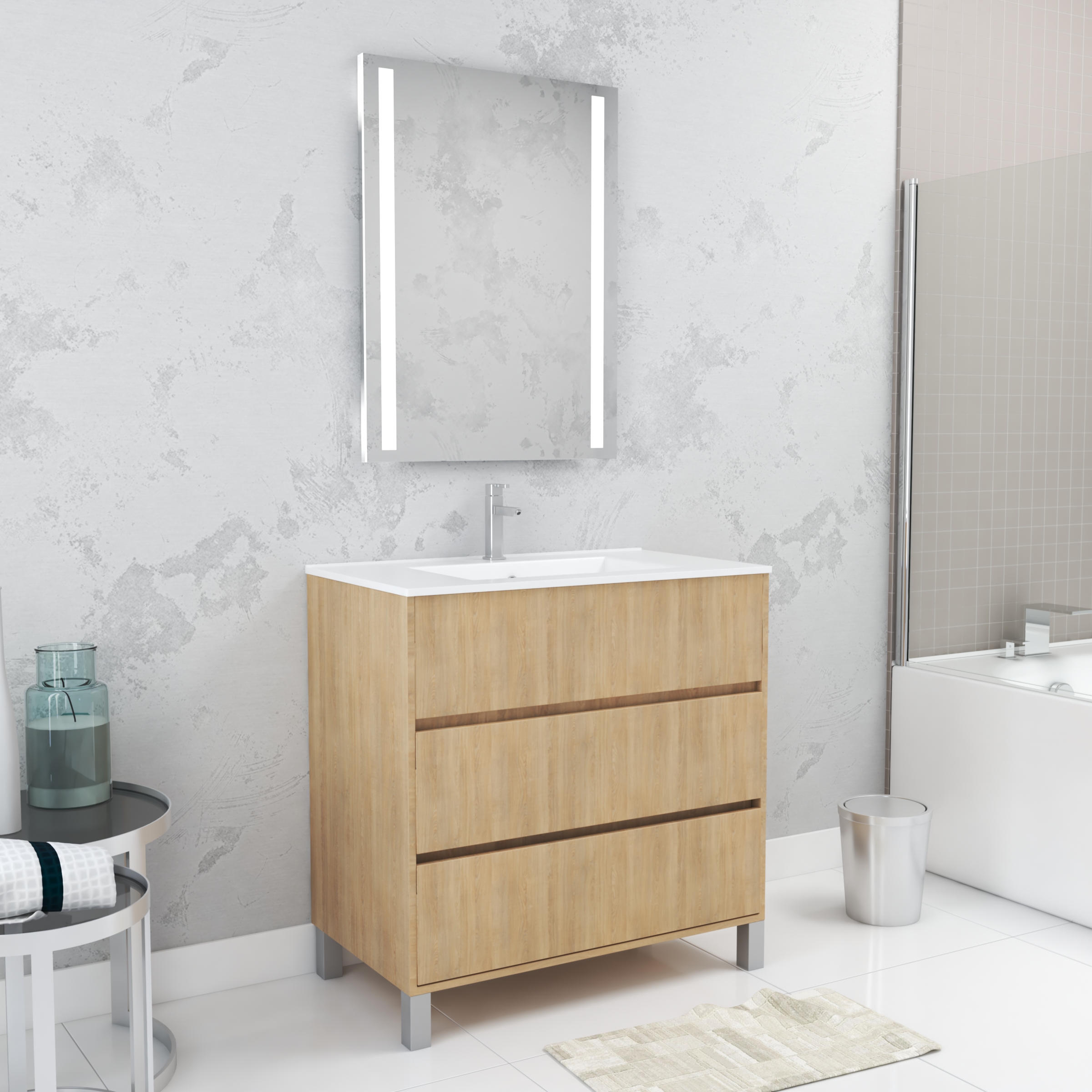 Pack mueble baño 80 cm roble claro 3 cajones lavabo espejo LED
