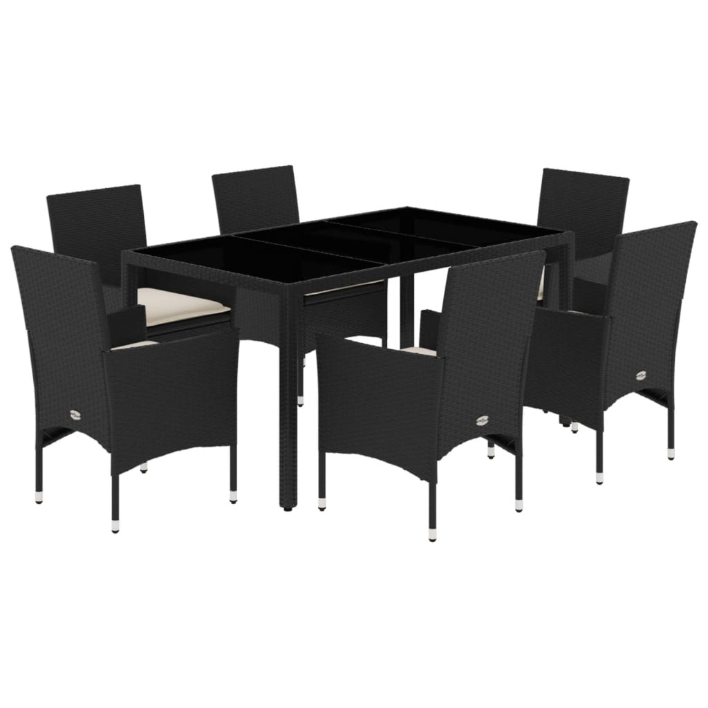 vidaXL set comedor jardín 7 pzas cojines ratán sintético vidrio negro