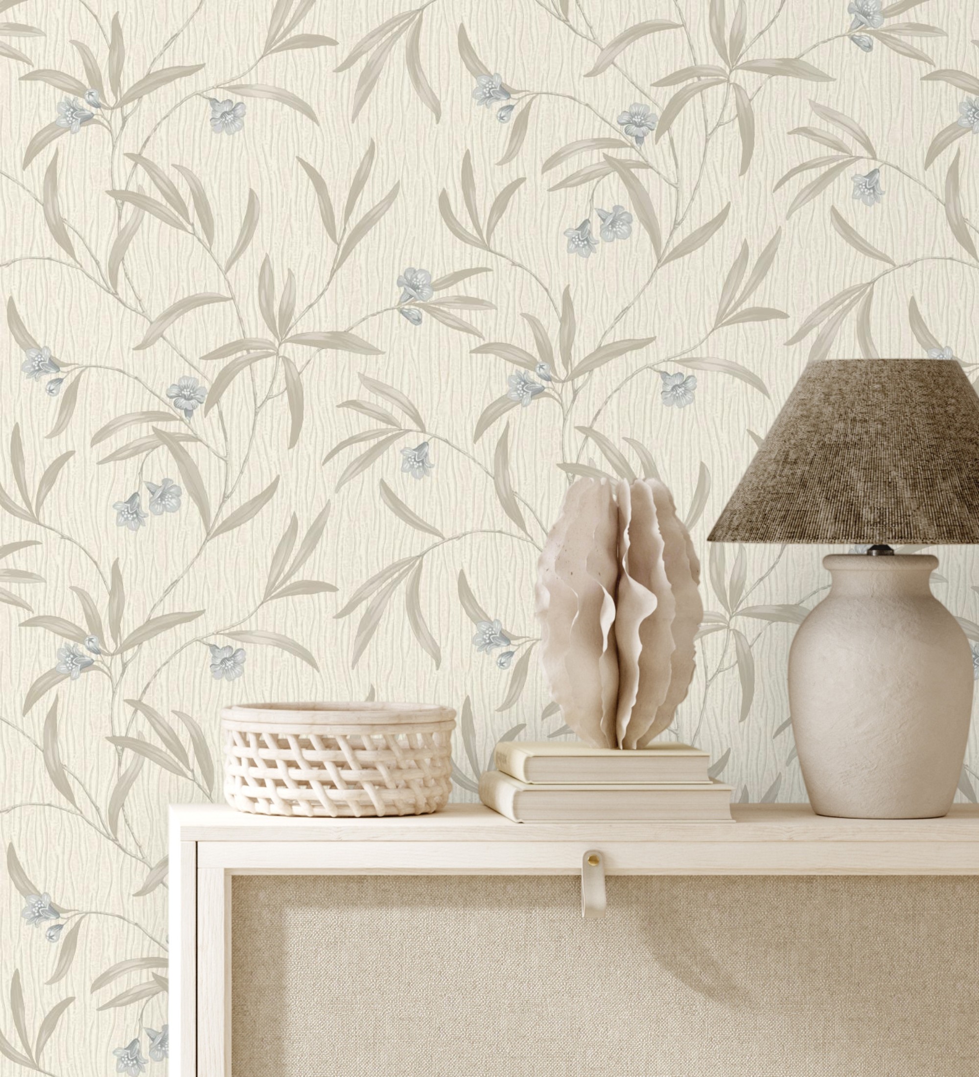 Papel pintado gaulan de flores azules y hojas grises en relieve 5.33m²