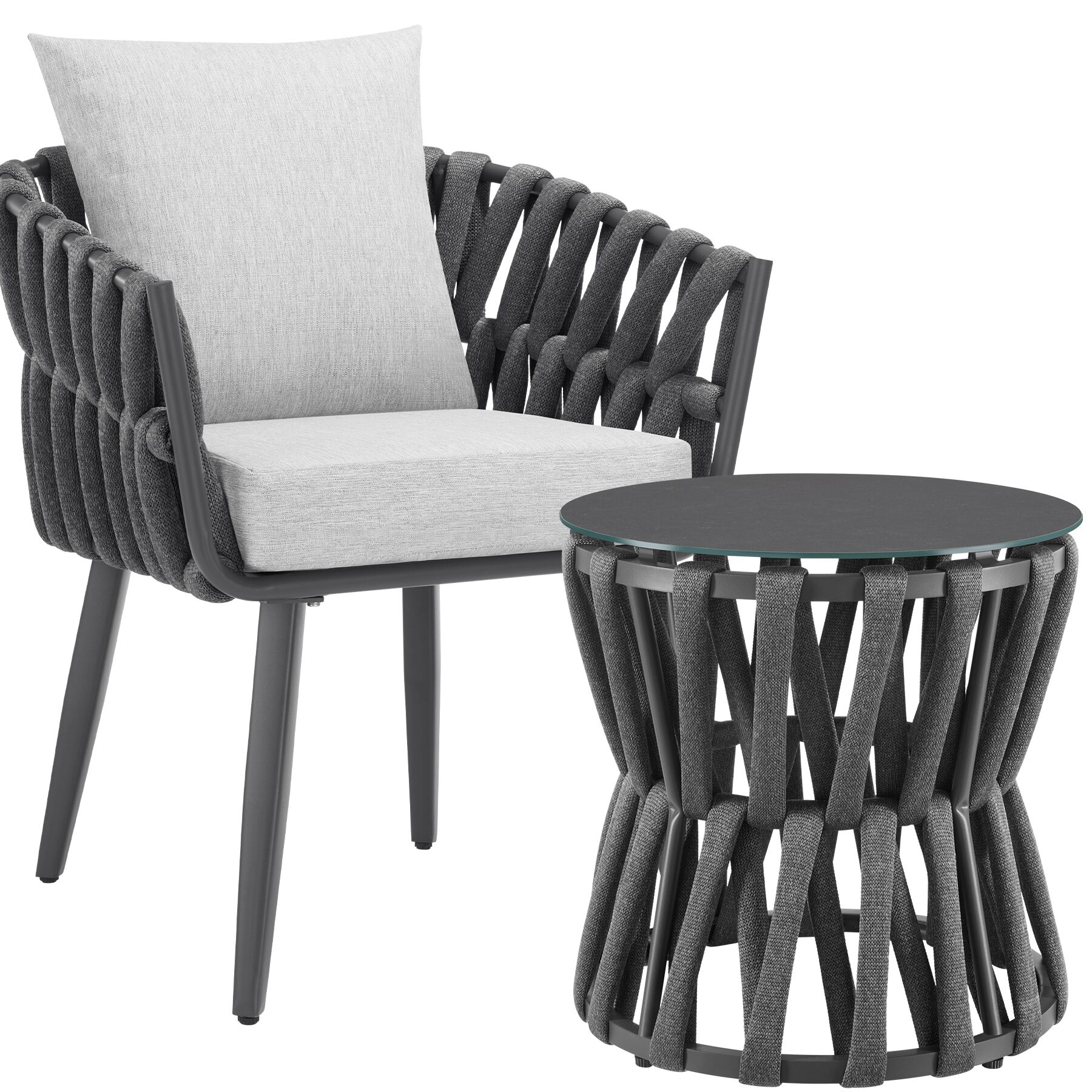 Conjunto jardín aluminio cuerda gris antracita mesa cristal