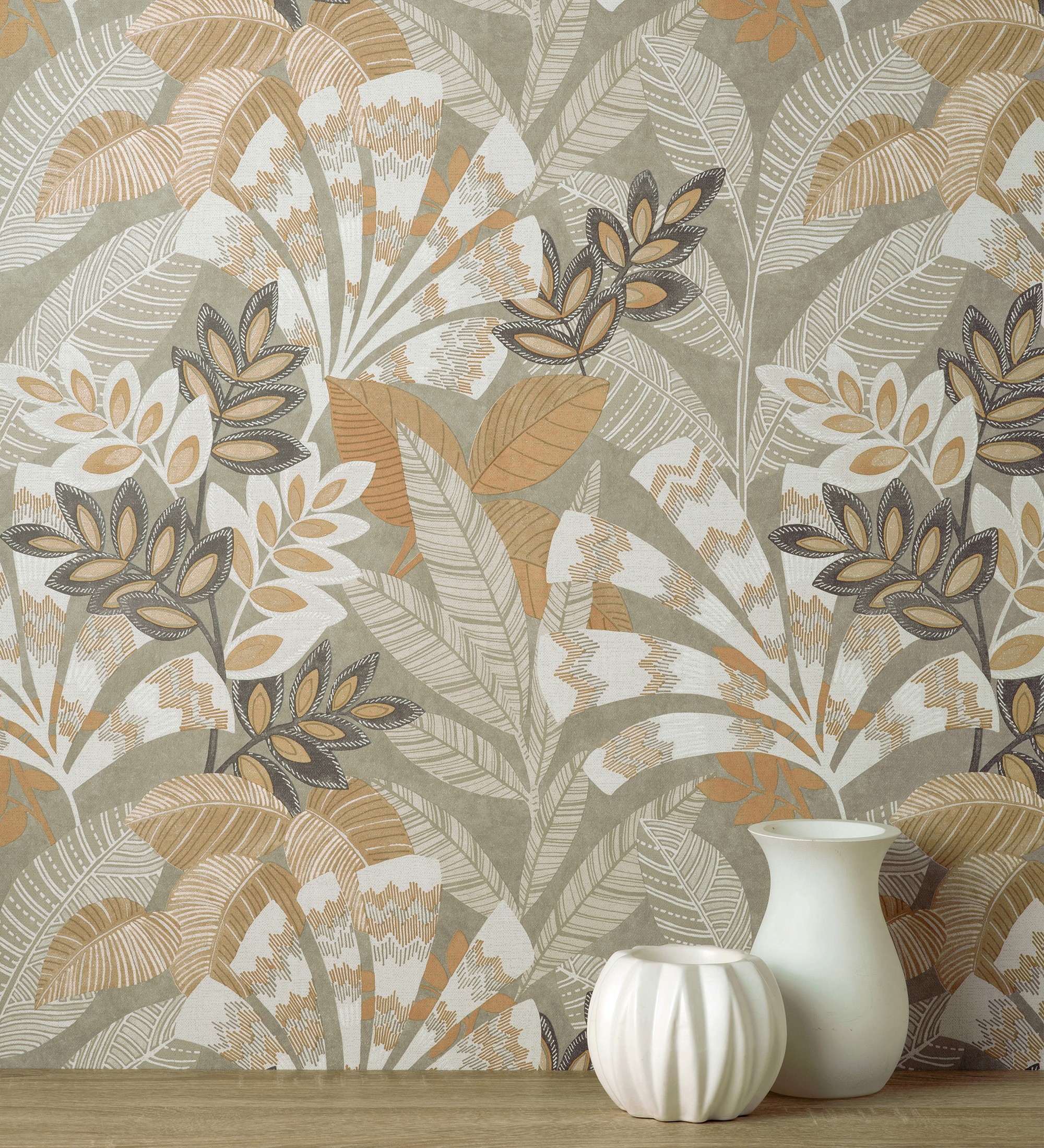 Papel pintado gaulan de hojas étnicas gris con texturas estilo 5.23m²