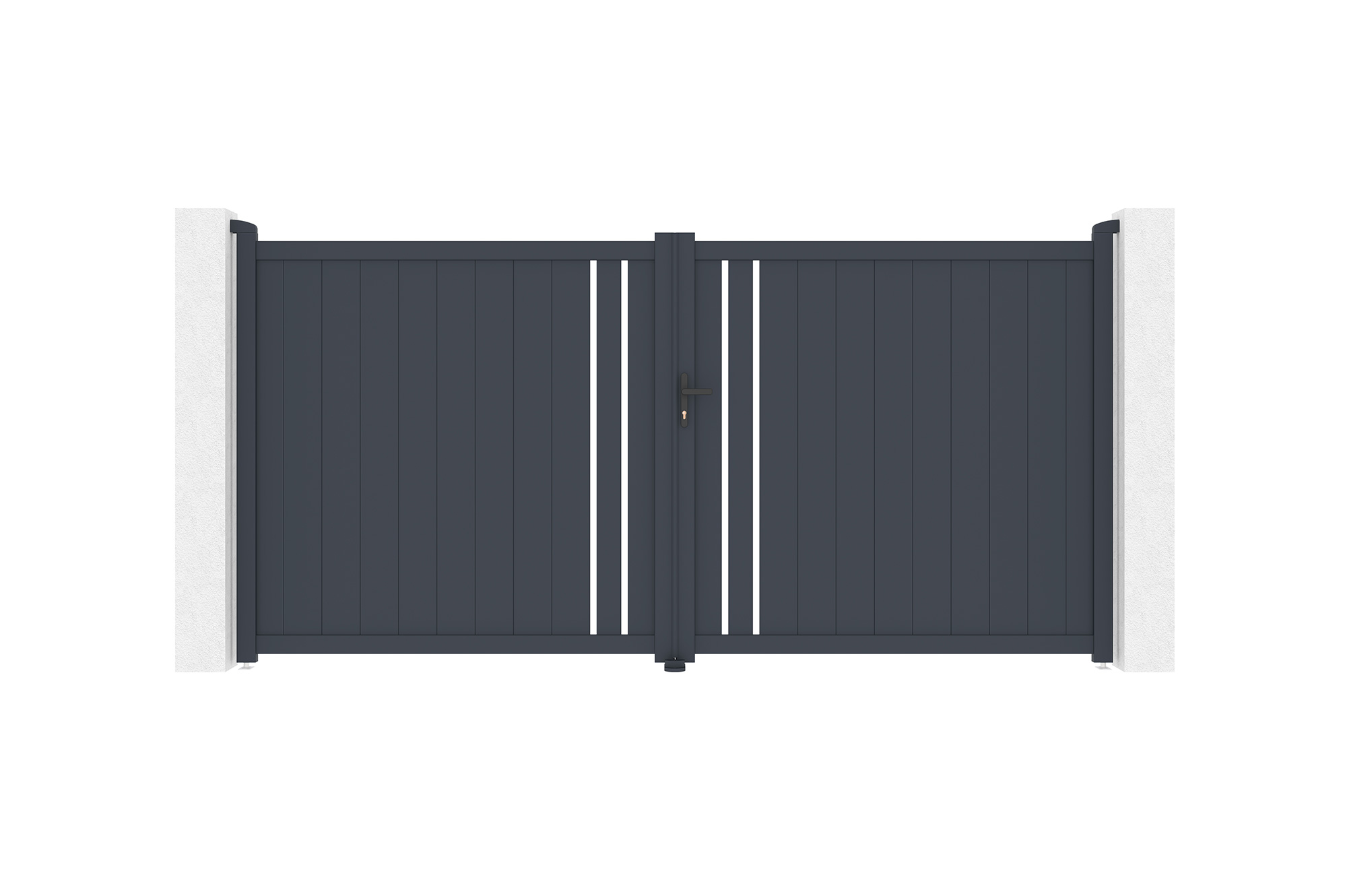 Puerta abatible 3,5m giona al.180 aluminio gris + 2 postes 20x20cm al.190cm