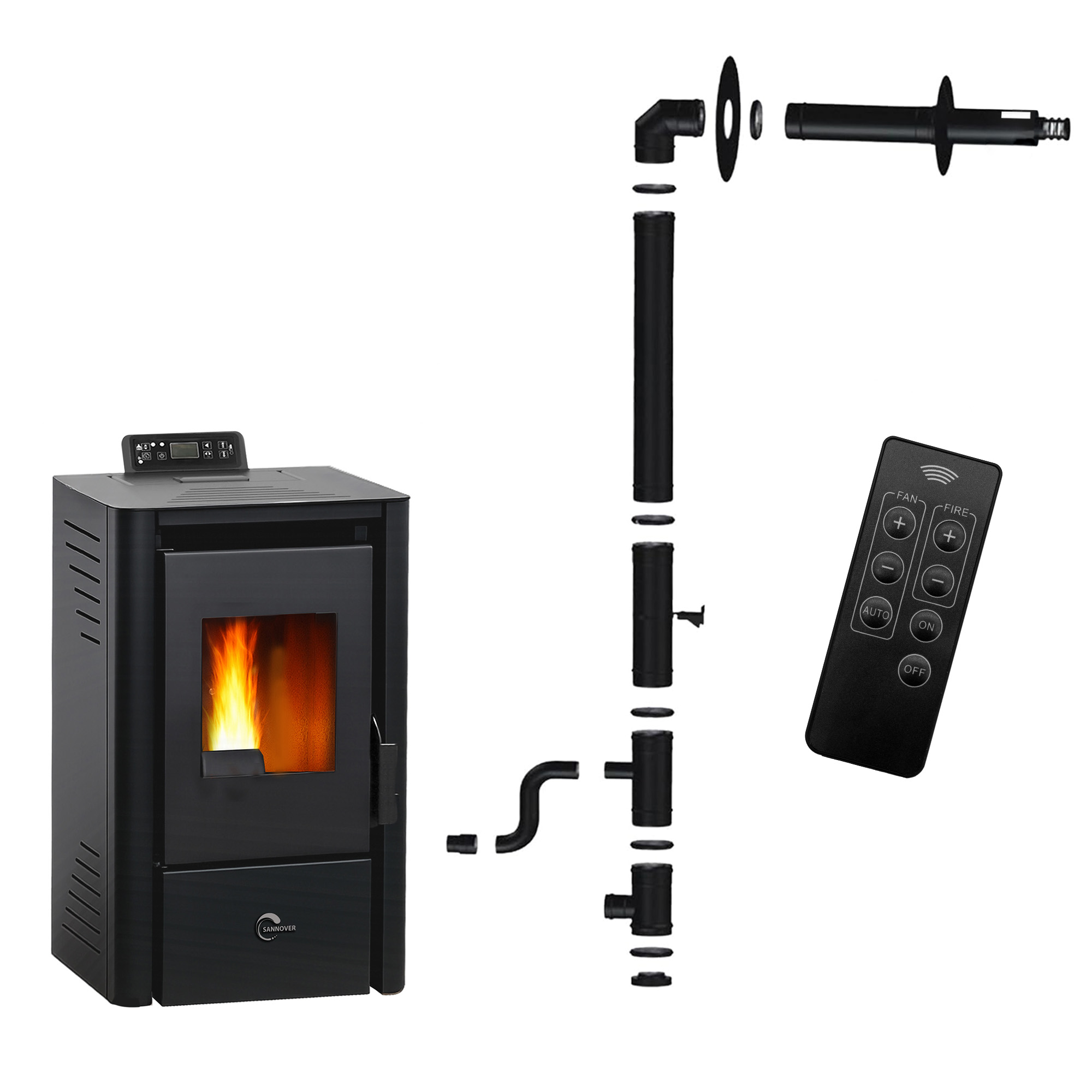 Estufa de pellets anita 9,4 kw negro sannover + kit de instalación completo