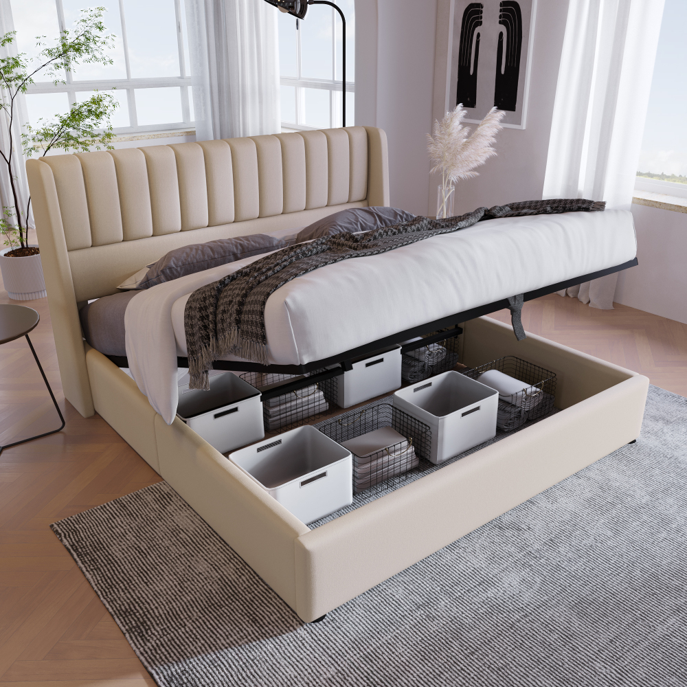 Cama tapizada 140x200 cm con canapé hidráulico lino – color beige