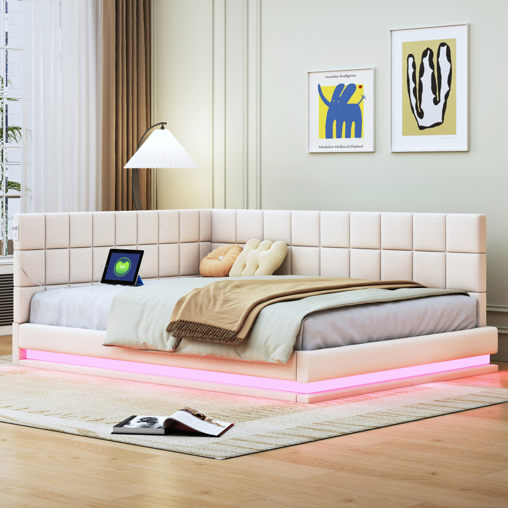 Sofá cama tapizado 140x200cm con LED y usb lino – color beige