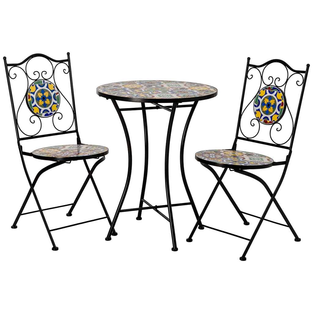 Conjunto de mesa y 2 sillas de metal amarillo 60x60x75h cm, 38x46x90h