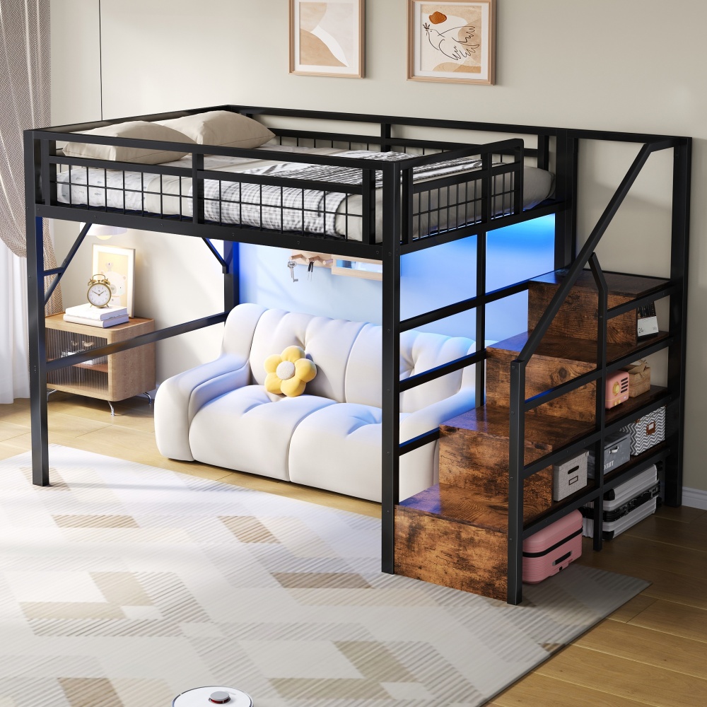 Cama alta 140x200 cm con LED y escalera con almacenaje metal y mdf – negro