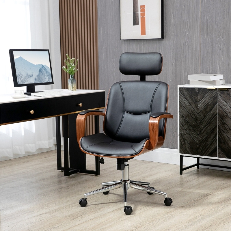Silla oficina ergonómica piel sintética negra con reposacabezas