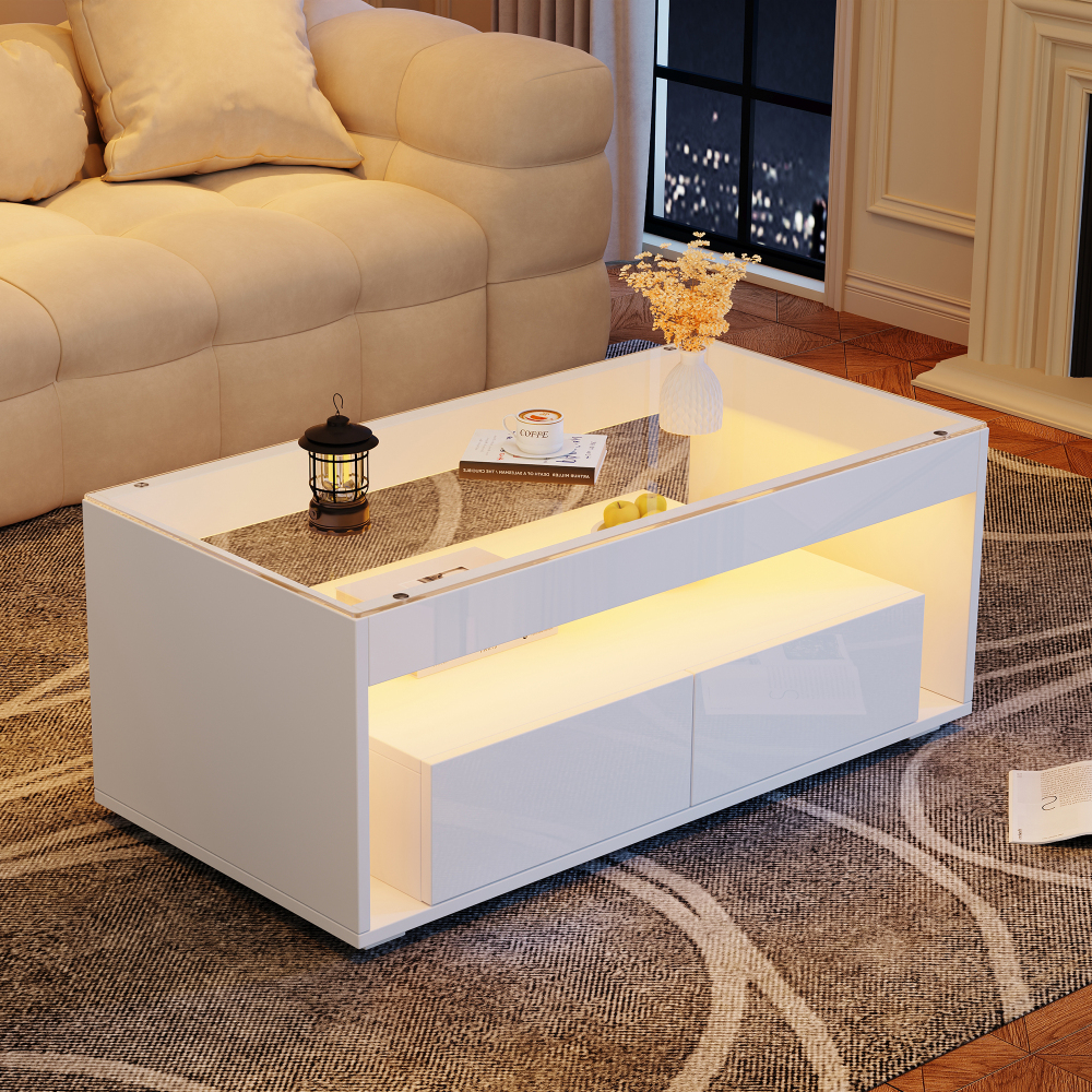 Mesa de centro con LED y 2 cajones blanco 40x100x50cm