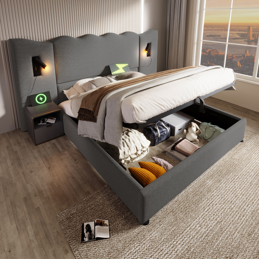 Cama tapizada 160x200cm con canapé hidráulico, lámpara y usb-c lino gris