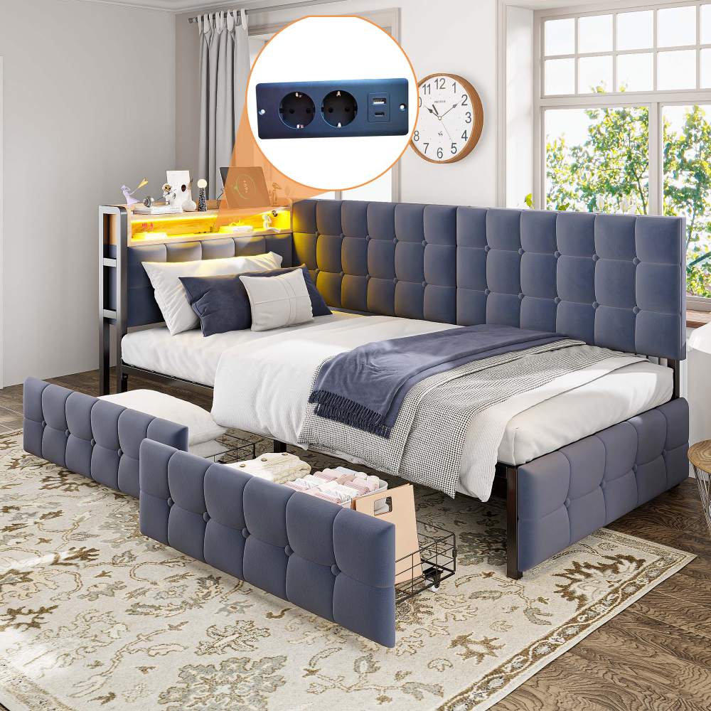 Sofá cama juvenil 90x200cm con LED, usb y 2 cajones en terciopelo gris