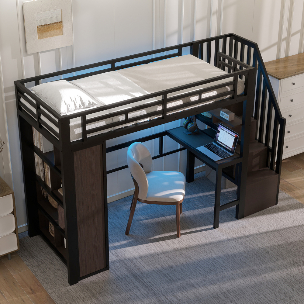 Cama alta 90x200cm con escritorio, estantes y LED metal – color negro