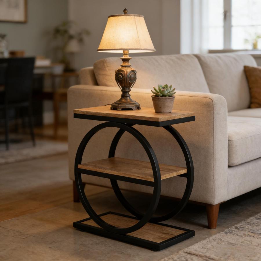Mesa auxiliar estrecha 3 niveles madera y metal negro