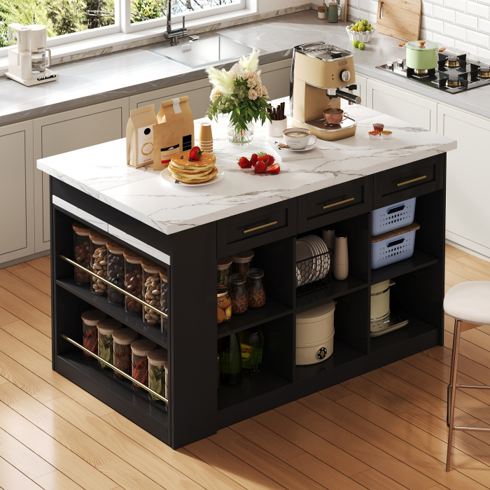 Isla de cocina con mesa extensible y almacenaje negro blanco 90x150x90cm