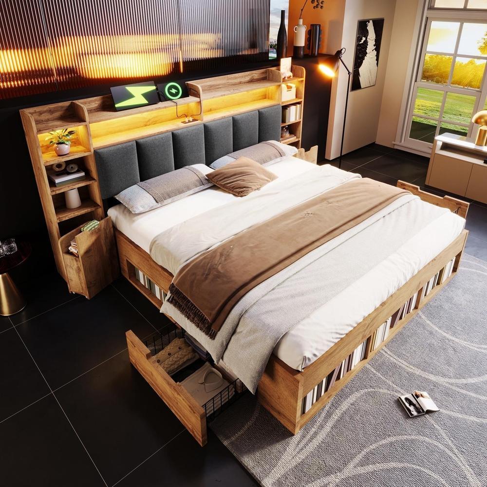 Cama 160x200 cm con cabecero capitoné LED y cajones usb