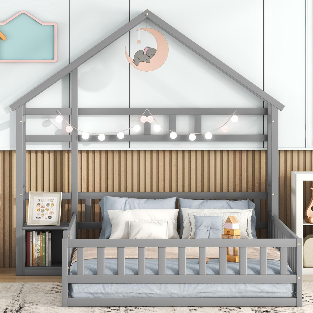Cama casita infantil 140x200cm con barandilla y mesita pino y mdf – gris