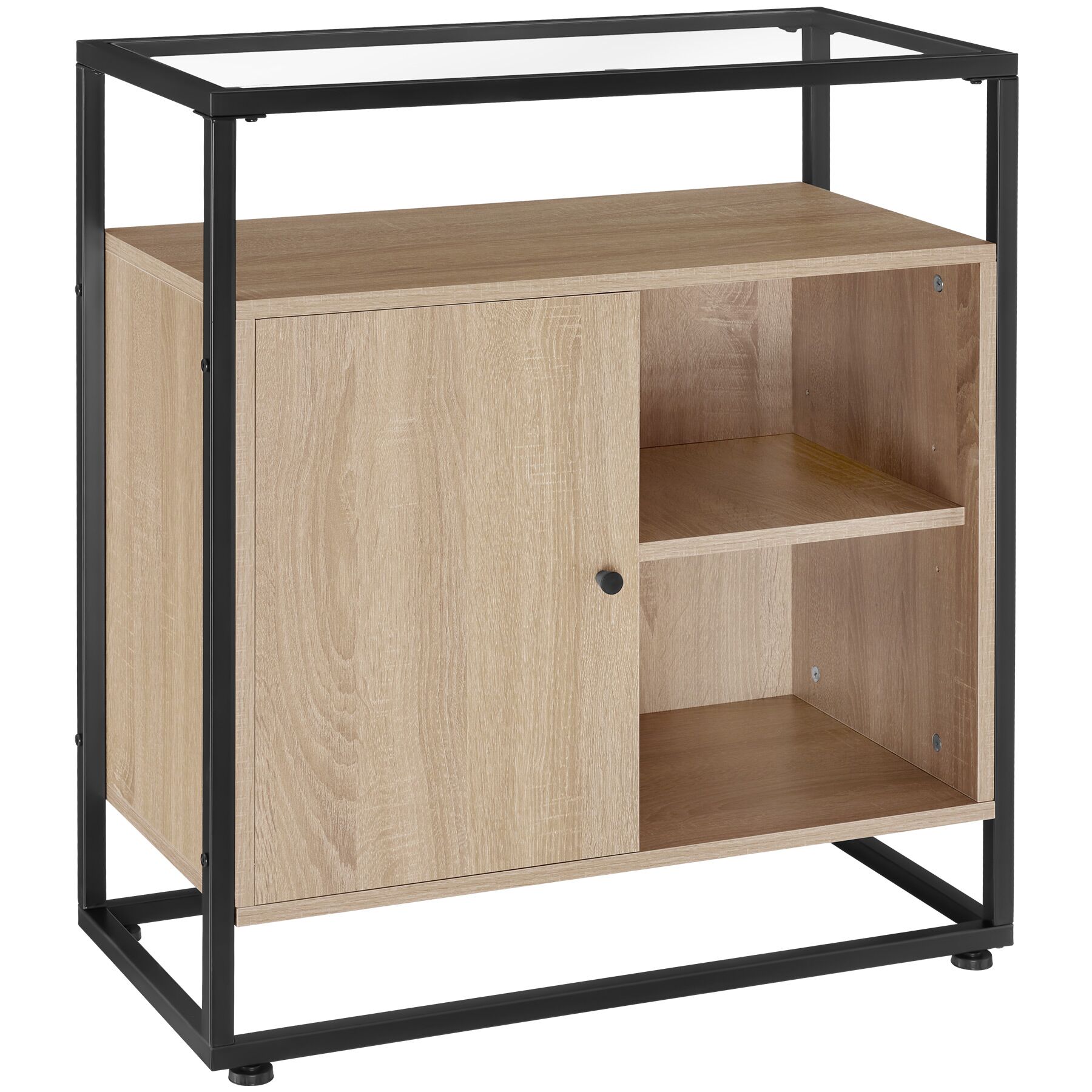 Consola estilo industrial y placa de vidrio 70x38x80,5cm madera clara