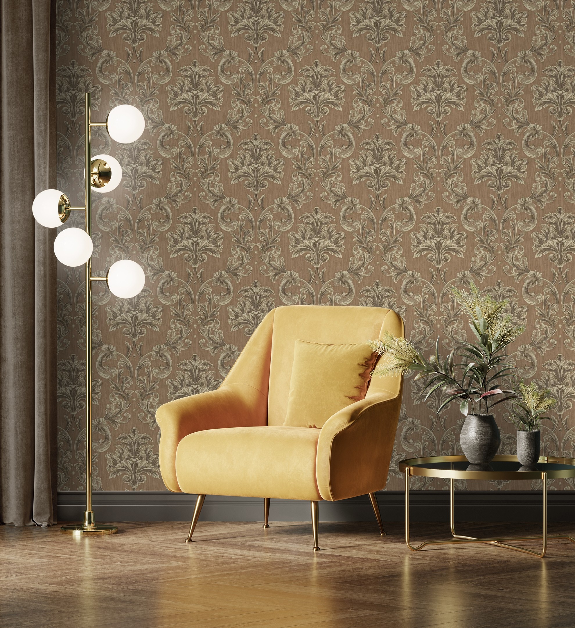 Papel pintado gaulan damasco clásico marrón textura de tela 10.6m²