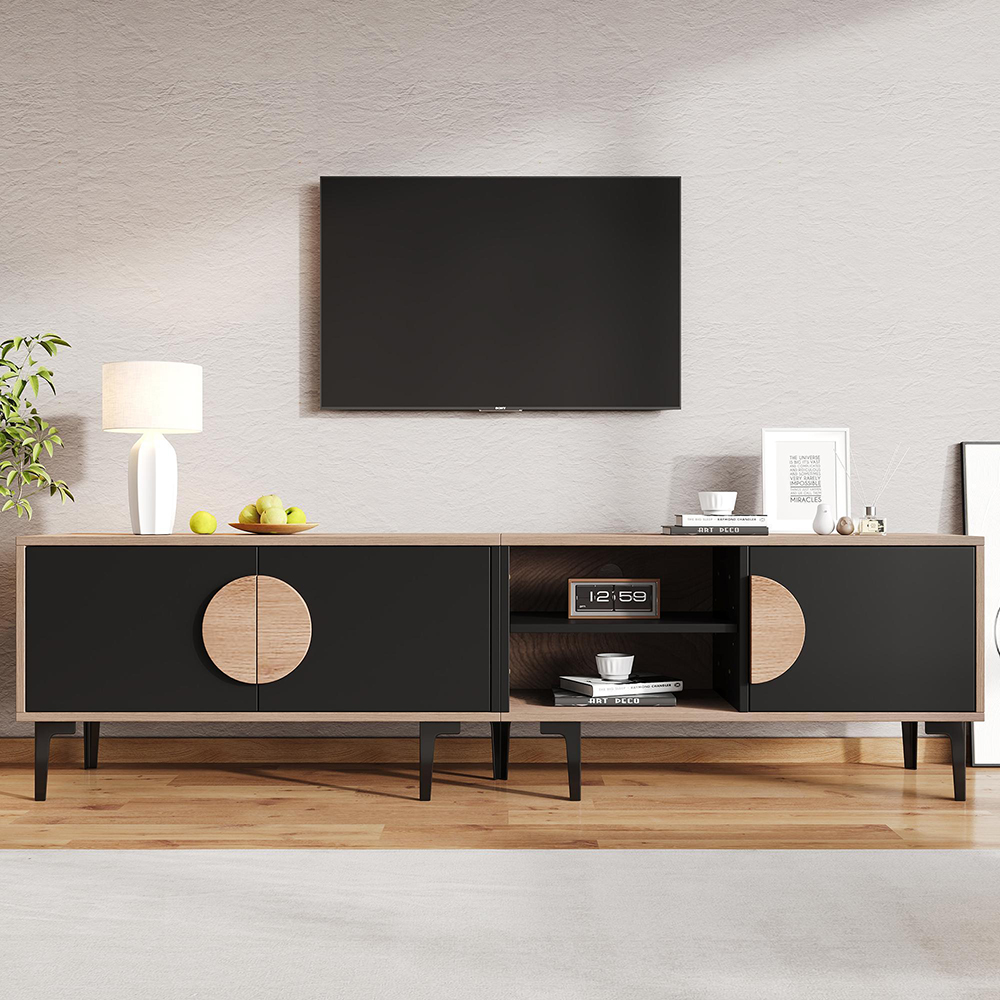 Mueble bajo para tv,frontal abierto,tono madera+negro