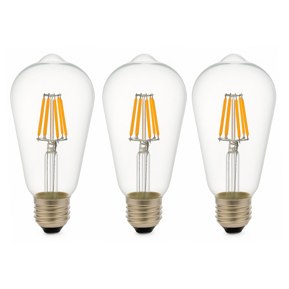 Pack x3 bombilla LED st64 E27 edison, filamento 8w 820lm. Luz cálida 2700k