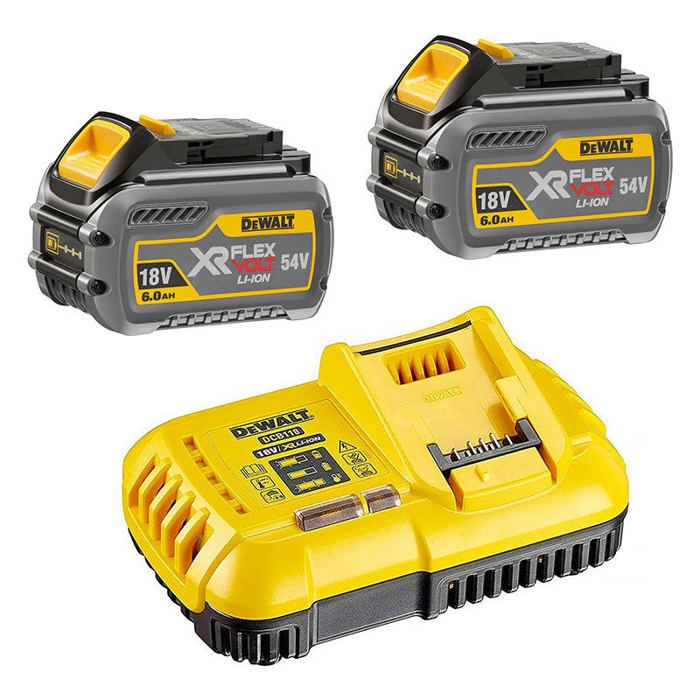 Pack de 2 baterías flexvolt 18v/54v 6ah/2ah + 1 cargador en caja de cartón