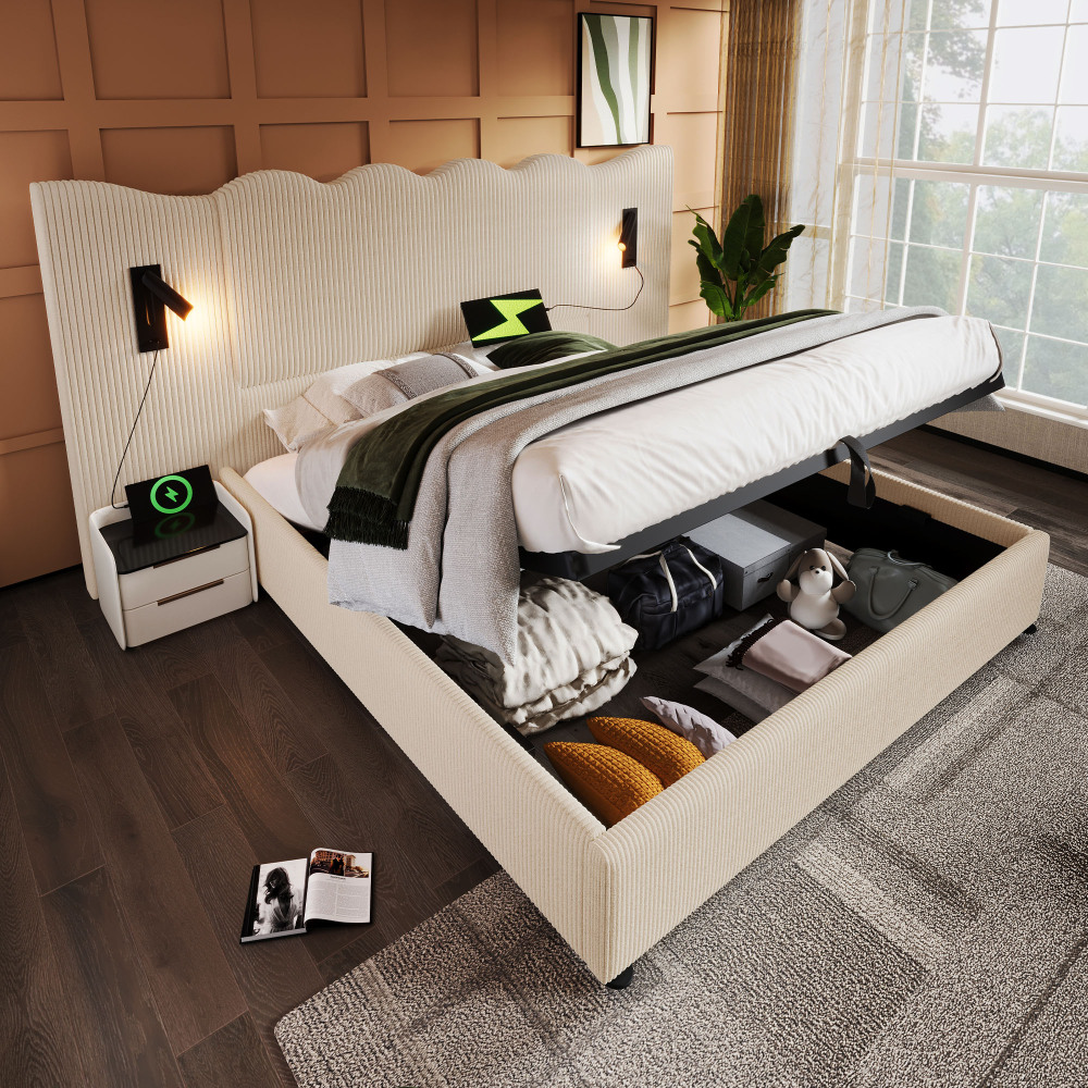 Cama tapizada 180x200cm con canapé hidráulico, luz y usb-c corduroy beige