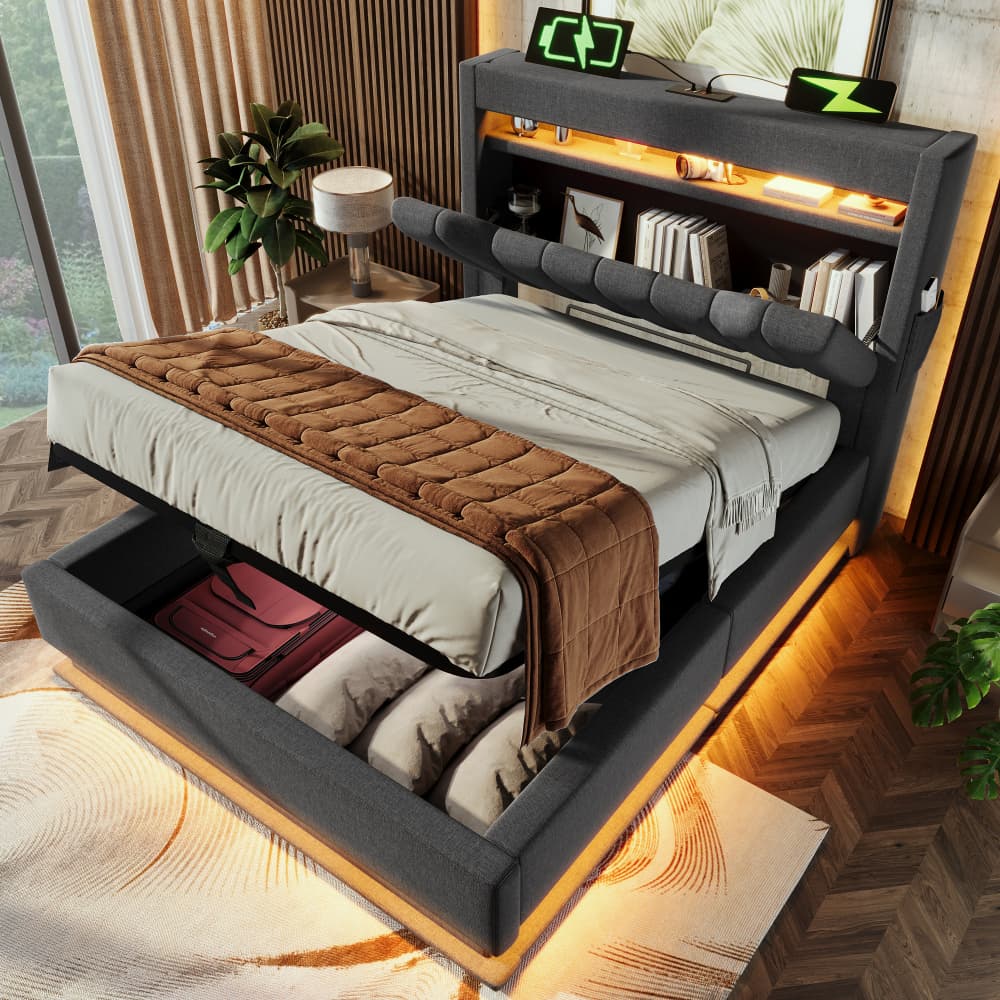 Cama tapizada 90x200 cm con LED, usb y canapé hidráulico lino – color gris