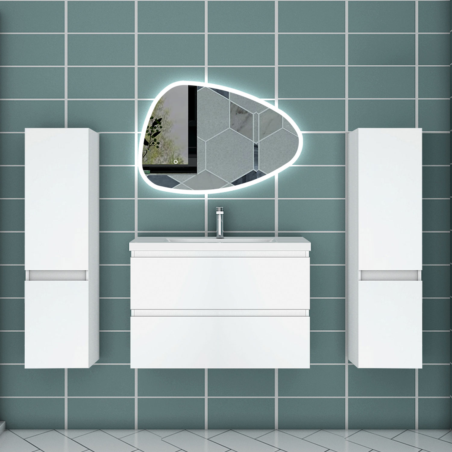 Mueble de baño aica 79×44,5cm,blanco con espejo y armario lateral