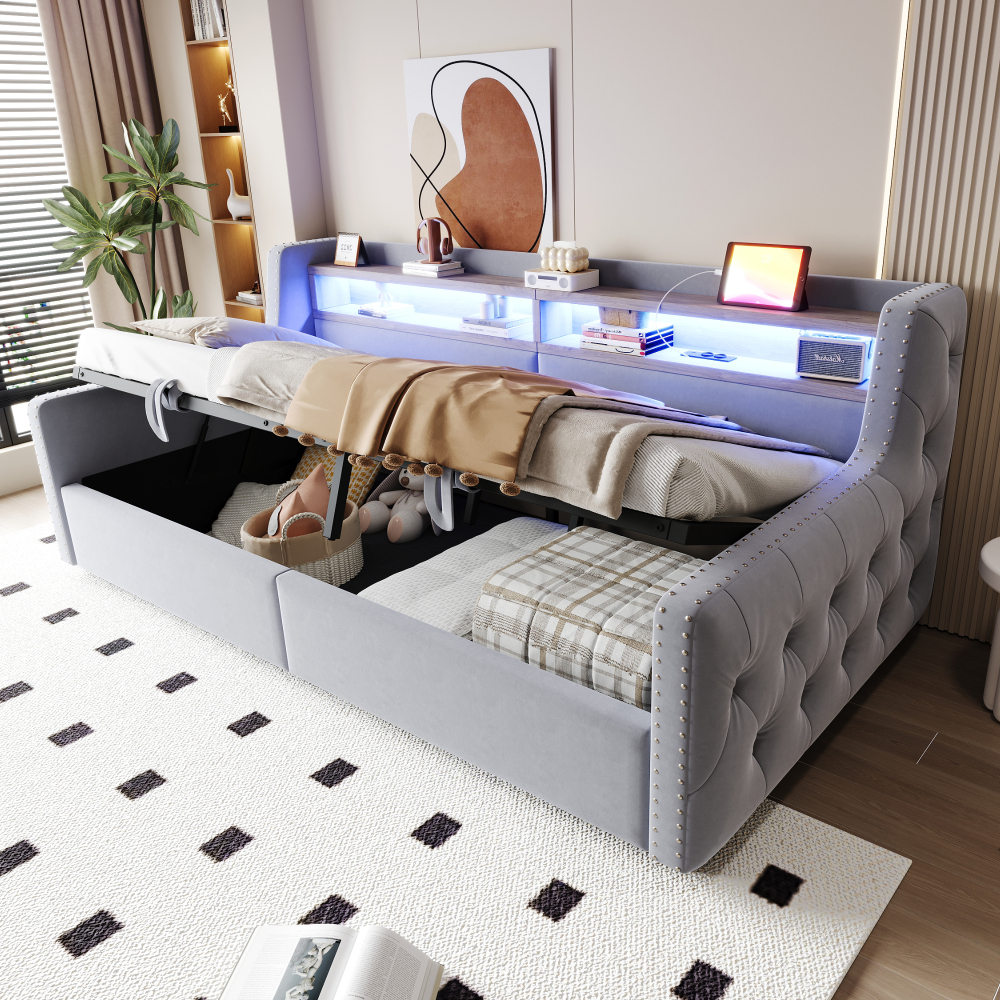 Sofá cama 90x200cm con canapé y respaldo, LED y usb terciopelo gris claro