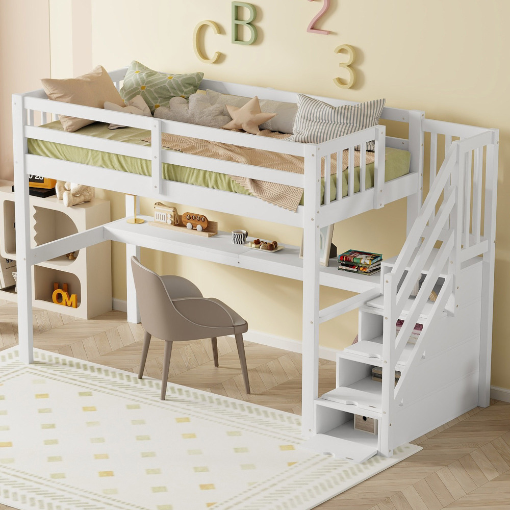 Cama alta 90x200cm con escritorio y cajones madera de pino – blanco