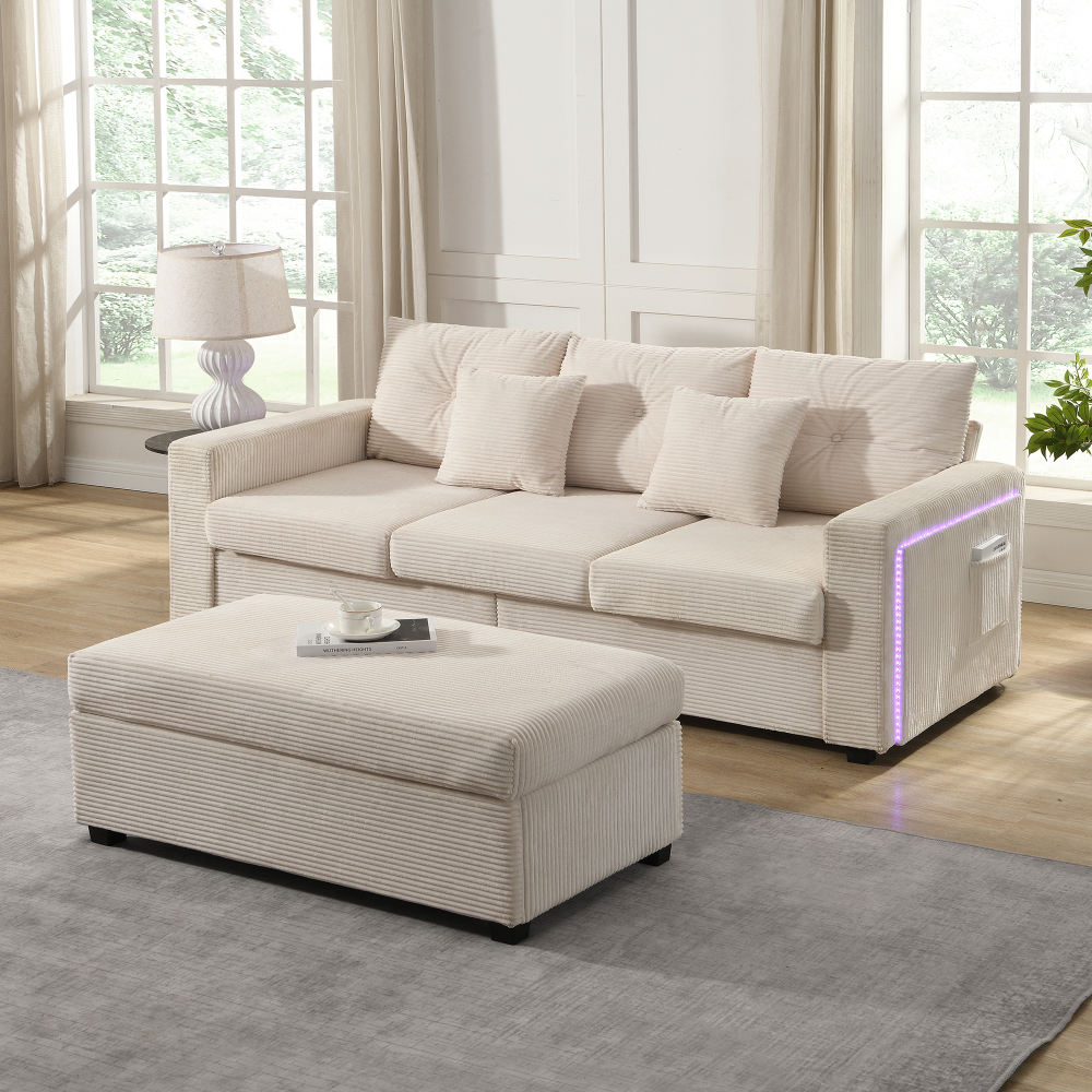 Sofá chaise longue en l pana beige 3 plazas con otomana móvil LED