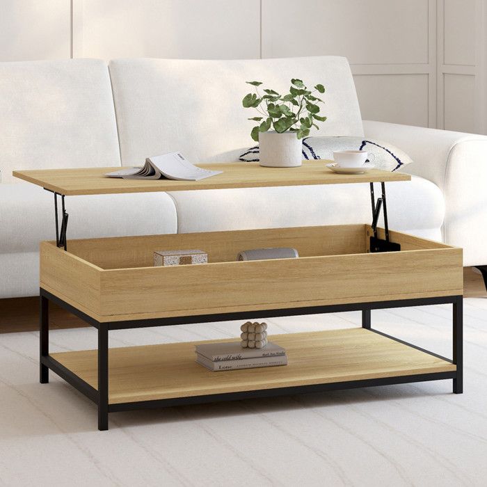 Mesa baja elevable rectangular - diseño industrial - 100 cm - marrón