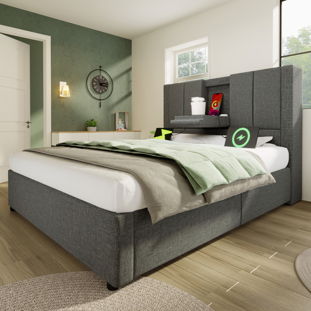 Cama tapizada 90x200cm almacenaje carga lino gris con colchón