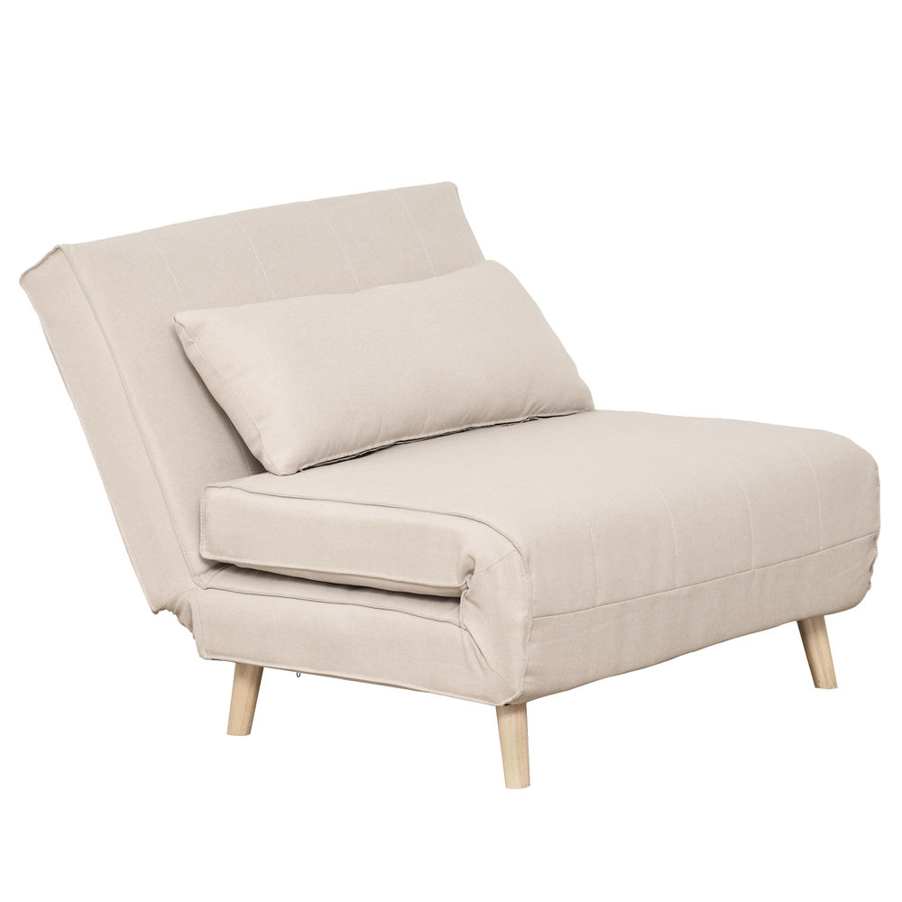 Sofá cama poliéster con tacto de lino, madera de caucho color beige
