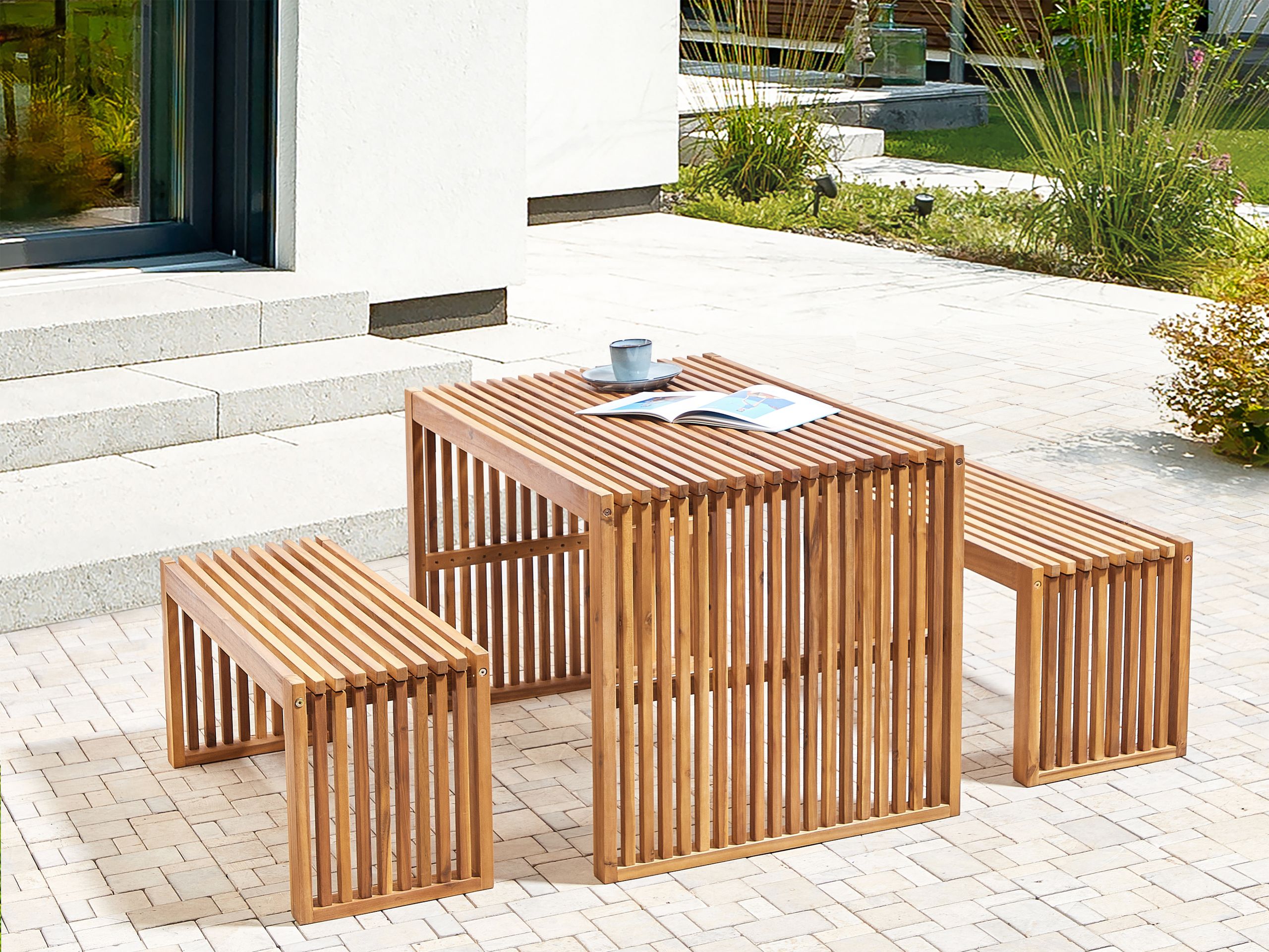 Conjunto de 2 bancos de jardín sulzano 150 cm madera de acacia marrón