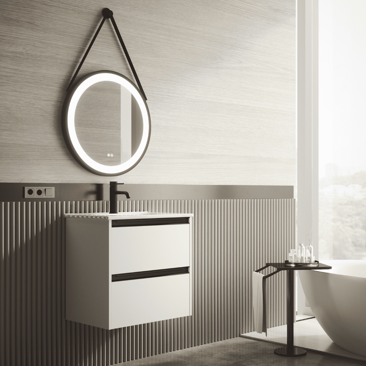Mueble baño fondo reducido| lavabo| 2 cajones| 60 cm blanco mate tir. Negro