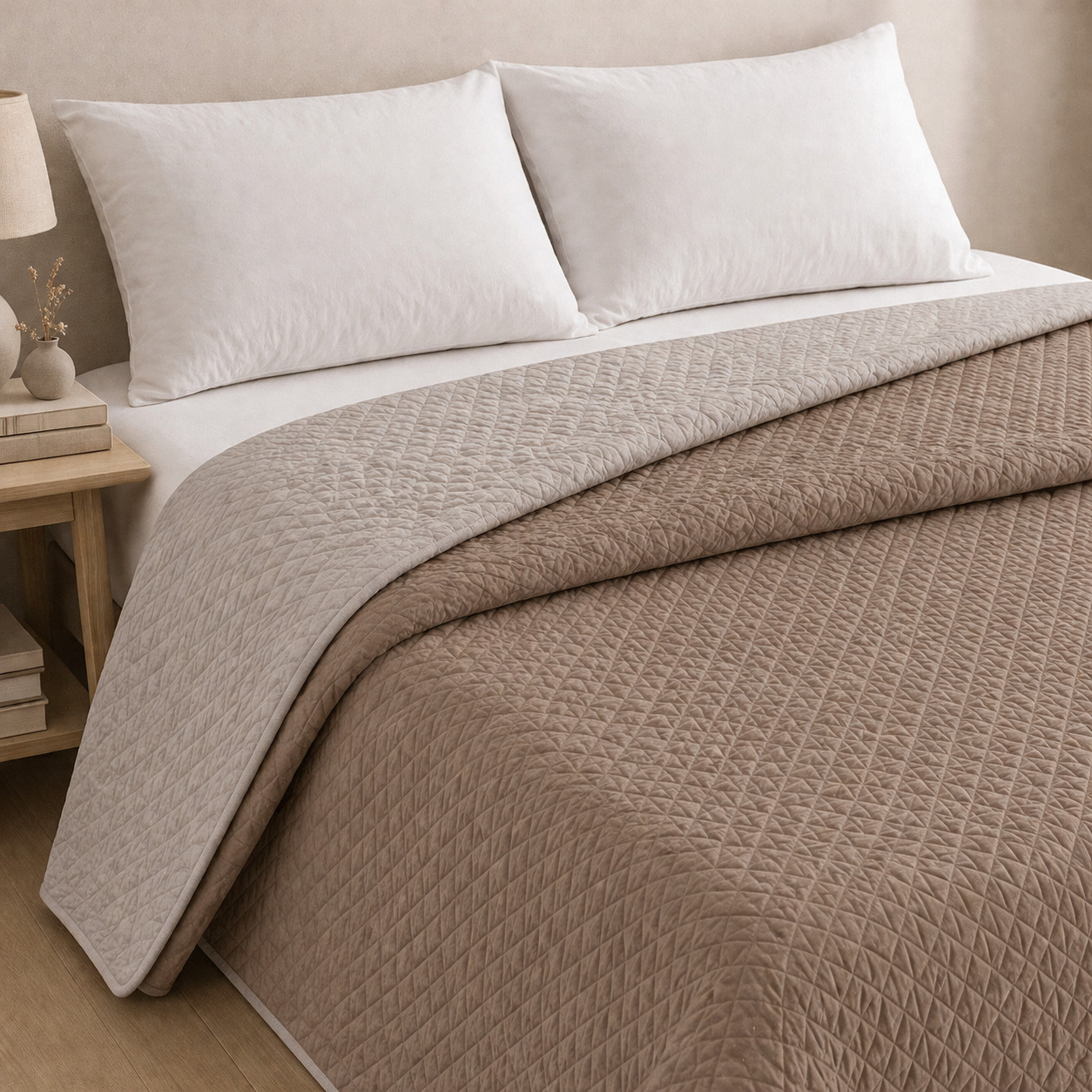 Colcha bicolor reversible cuero/lino cama 135cm donegal collections