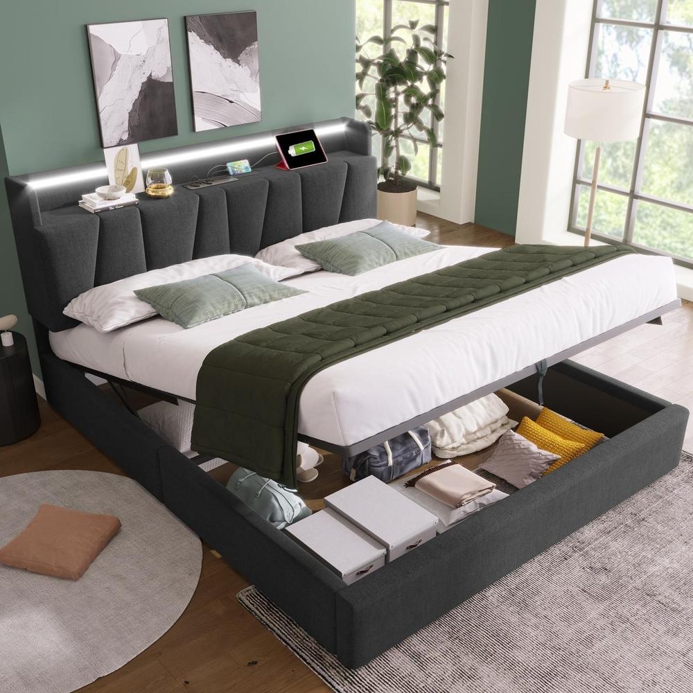 Cama 140x200cm con cabecero usb LED rgb app almacenaje hidráulico gris