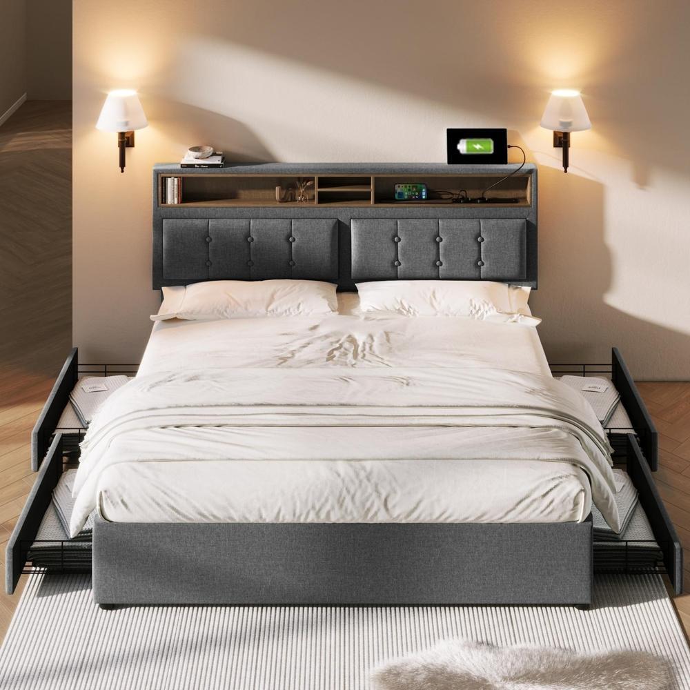 Cama tapizada 140x200cm con 4 cajones y usb c, cabecero ajustable,gris