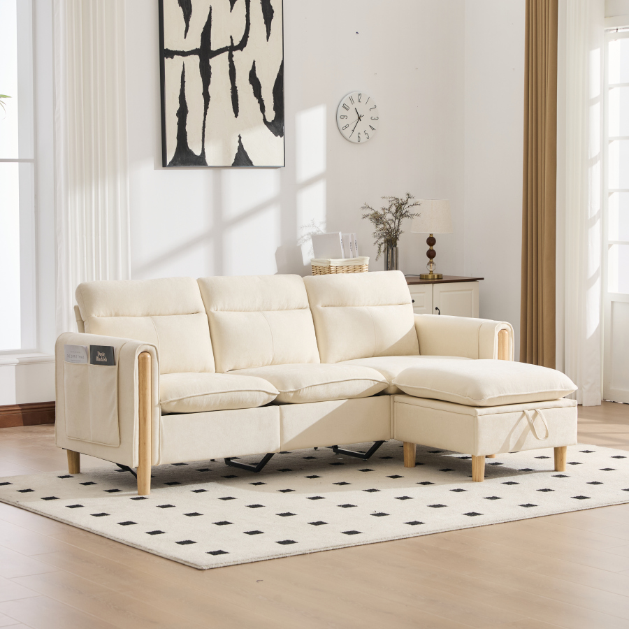 Sofá en l 3 plazas chenilla beige reversible con almacenaje