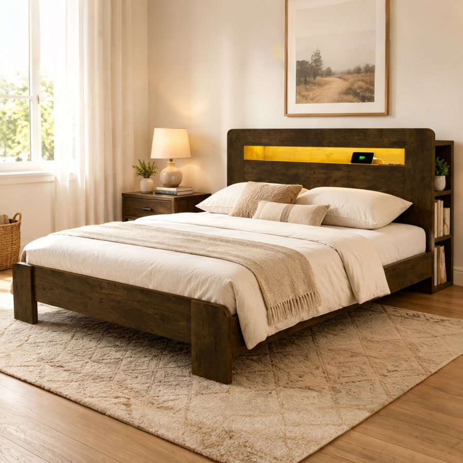 Cama Multifuncional 140x200cm Con Cabecero, Luz Y Enchufes Madera Natural
