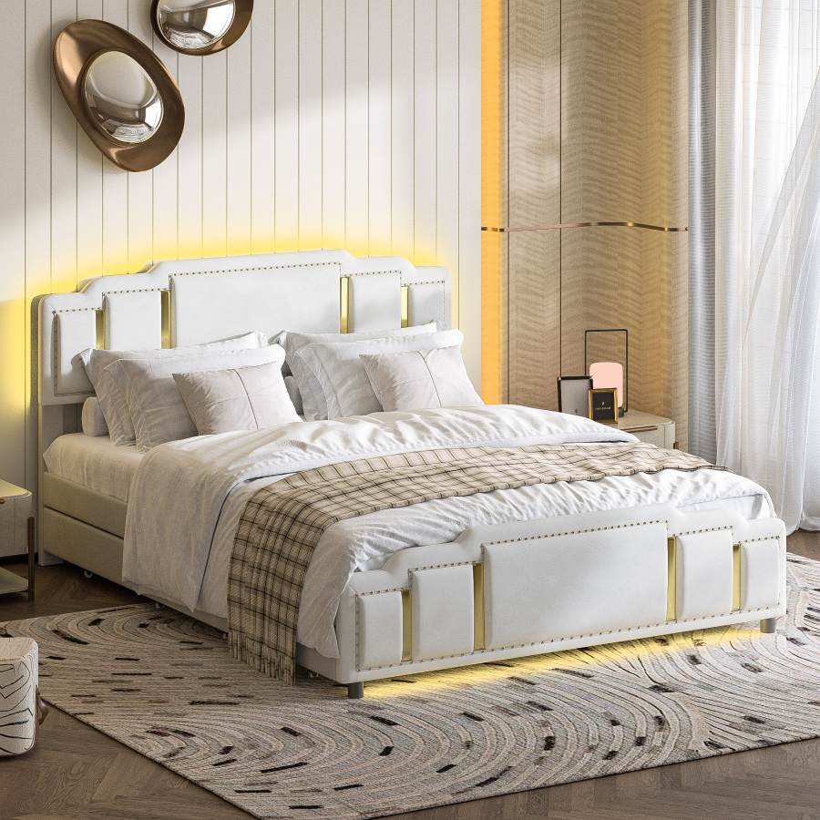 Cama tapizada 140x200 cm con LED y 4 cajones terciopelo – color beige