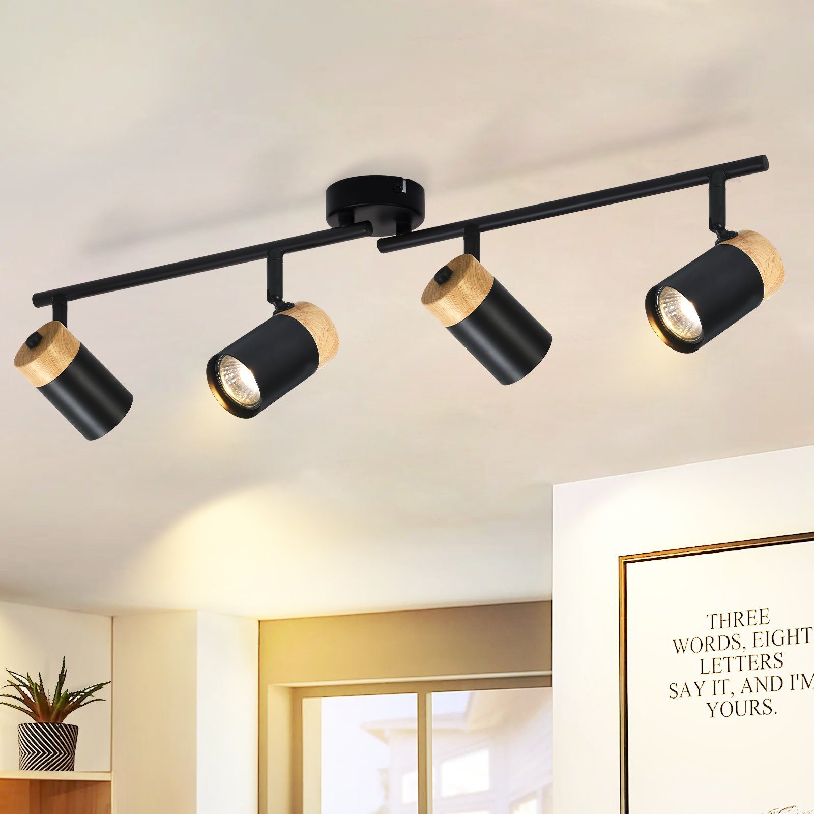 Nettlife lámpara 4 focos de madera gu10 negro orientable 330° para salón