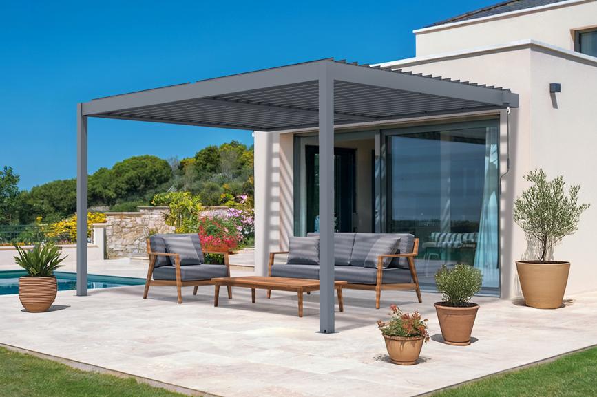 Pérgola alu adosada 4x3m lamas orientables|ventilación y sol|gris piana